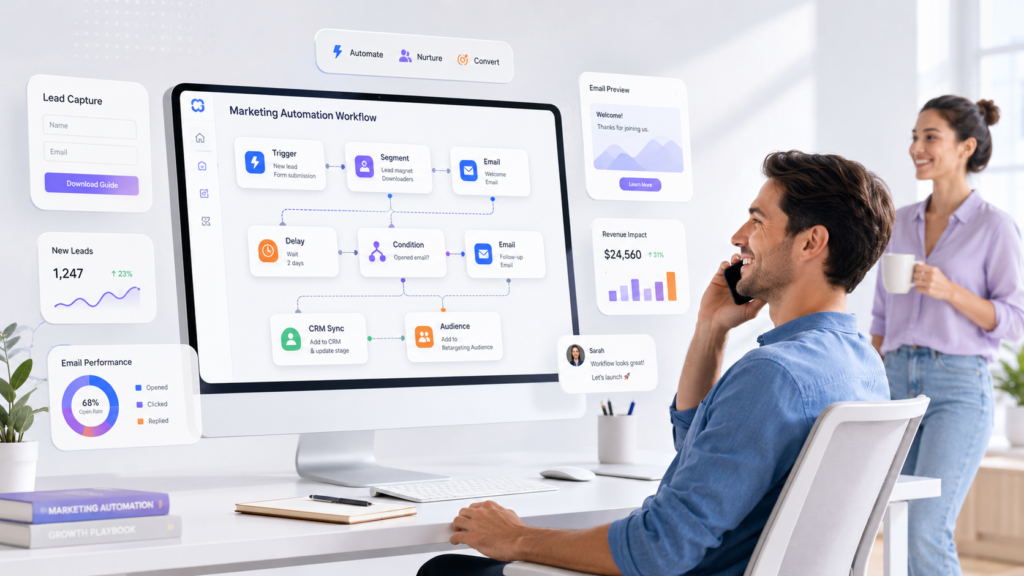 Marketing automation workflow connecting apps on a laptop screen