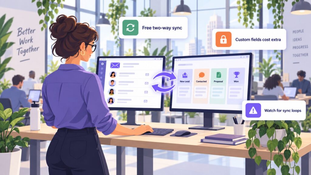 Woman at a standing desk in a co-working space with two monitors, a contact list on one and a deal pipeline on the other, joined by two-way sync arrows, with callouts for free two-way sync, custom fields cost extra and watch for sync loops