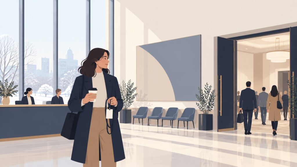 A marketer arriving at a conference foyer on a winter morning, holding a badge and a coffee while other delegates walk in.