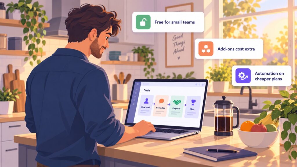 Man at a kitchen counter in the morning reviewing a CRM deal pipeline on a laptop, with callouts for free for small teams, add-ons cost extra and automation on cheaper plans