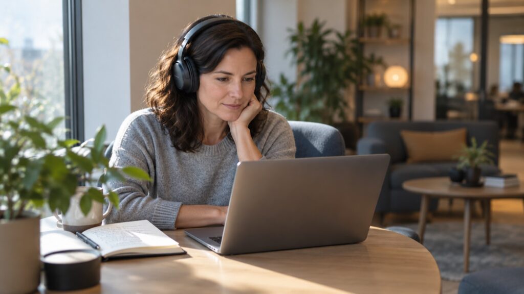 A marketer in an office lounge taking an online course on a laptop, headphones on and a notebook open beside her.