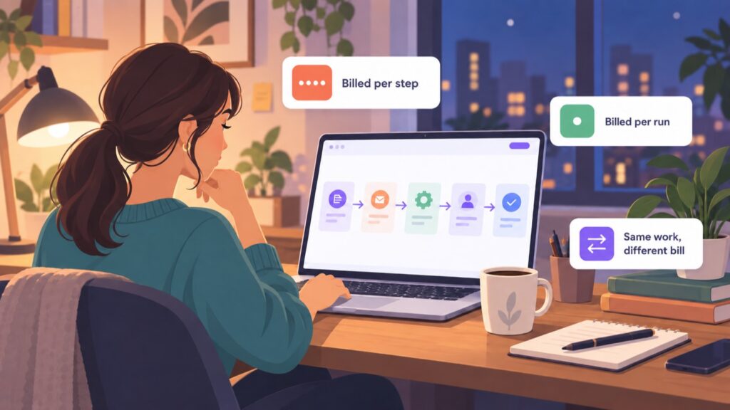 Woman at a home desk in the evening comparing an automation workflow, with callouts for billed per step, billed per run and same work different bill