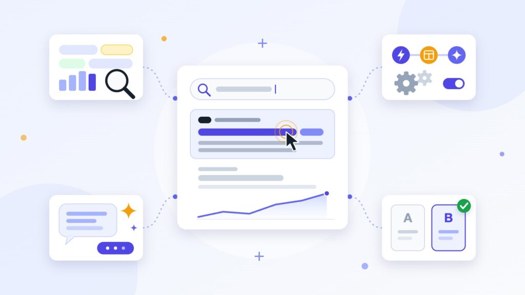 PPC tools illustration: a search results page with a highlighted ad in the centre, linked to cards for keyword research, workflow automation, AI drafting and an A/B test