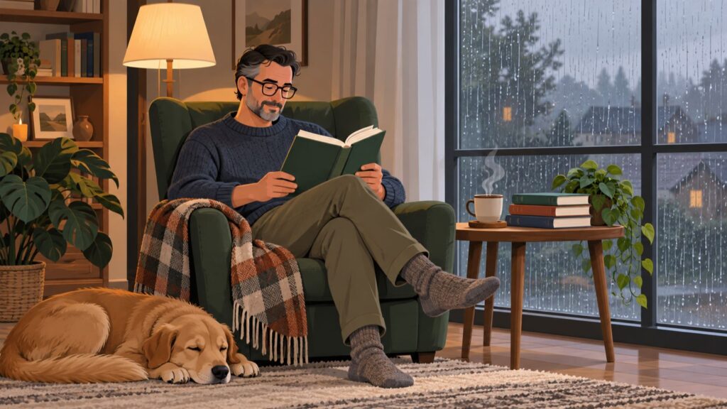 Trending marketing books: a man reading a hardcover book in an armchair by a rainy window, with a stack of books and a mug of tea on the side table and a dog asleep at his feet.